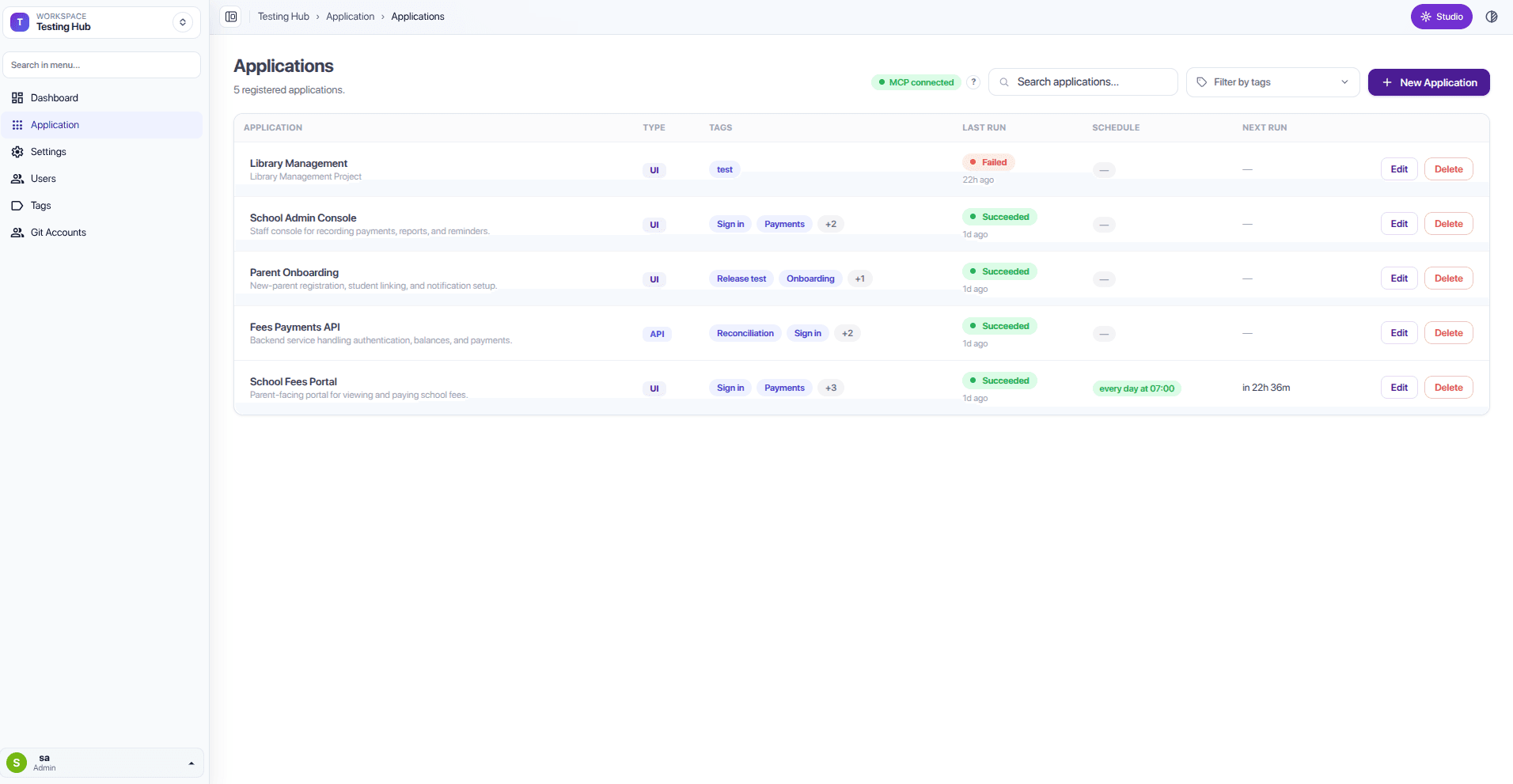 The Applications list showing registered applications with their type, tags, and last run status