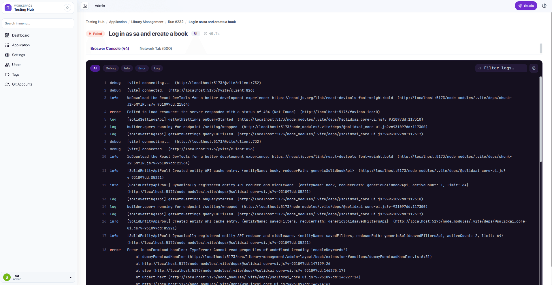 The Browser Console tab of a failed journey showing the captured logs