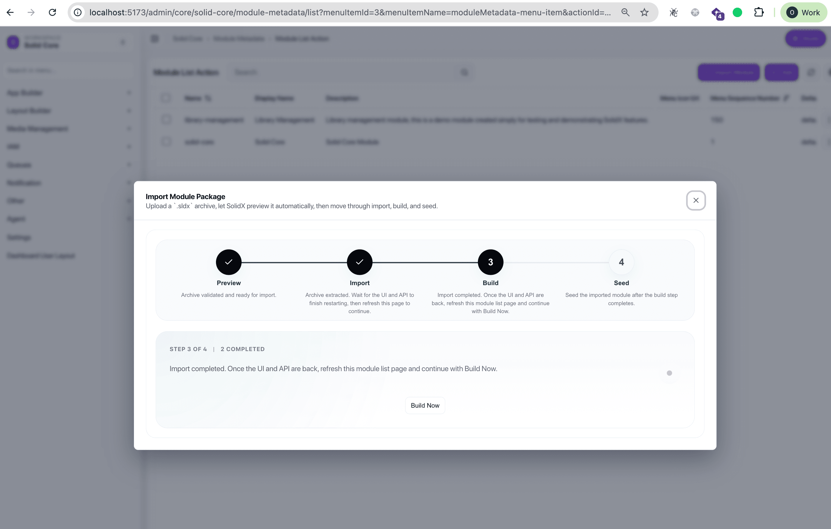Step 2: Import dialog with warning about service restarts