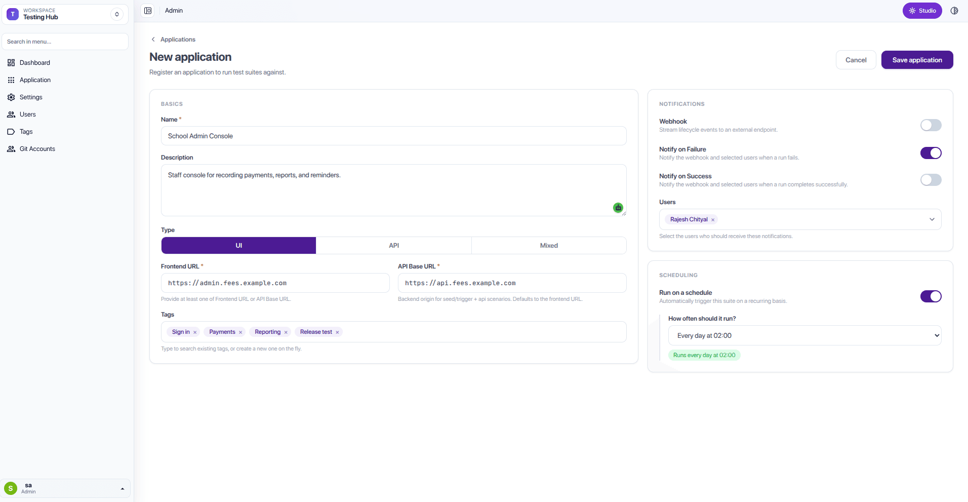 The New Application form with basics, notifications, and scheduling sections