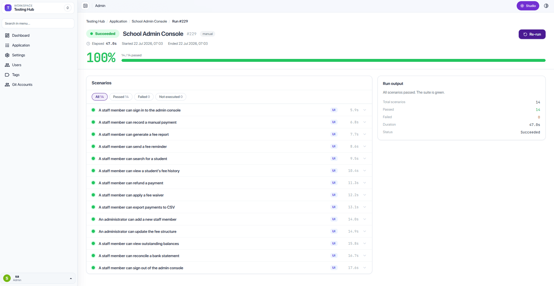 A passed test run showing 100% success and every customer journey passing