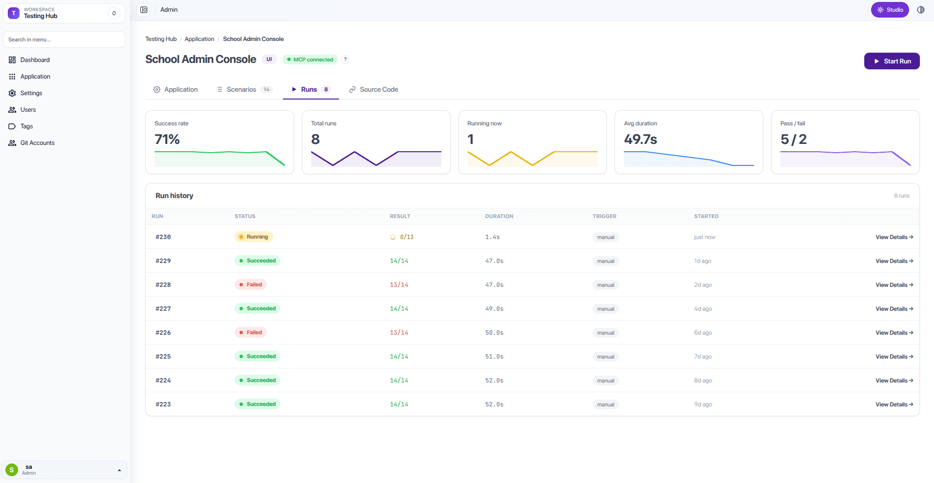 The Runs tab showing run history and summary KPIs for an application