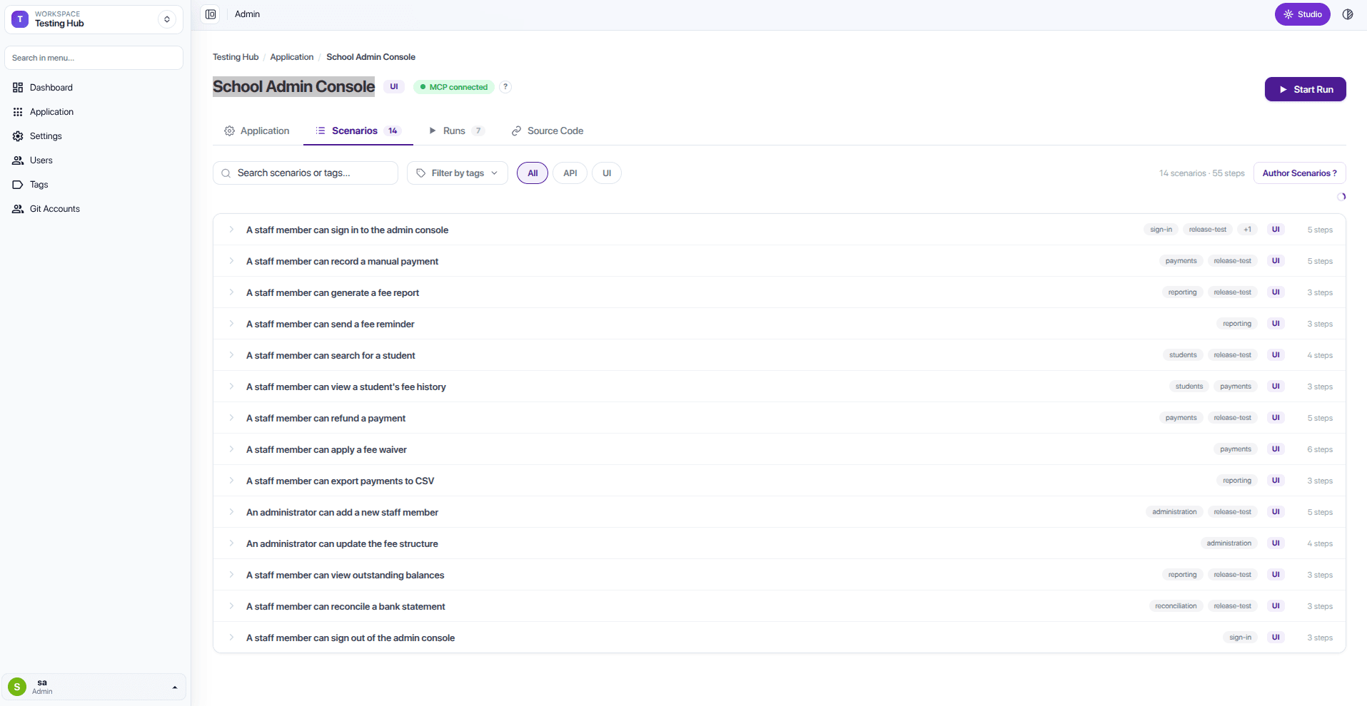 The Scenarios tab listing customer-journey scenarios with tags and step counts