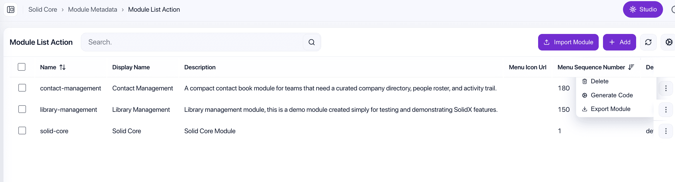 Module Metadata list showing the Export Module option in the row context menu