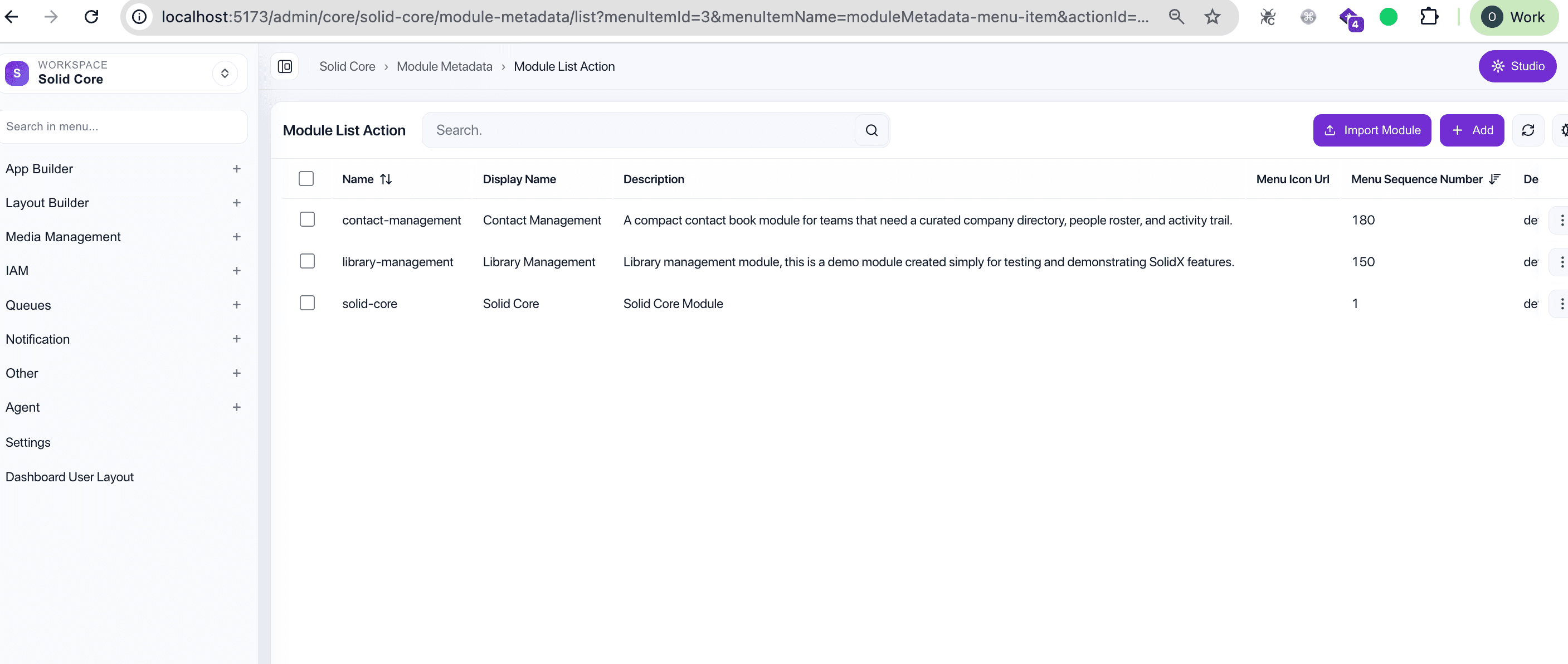 Module list after a successful import - the new module is now visible