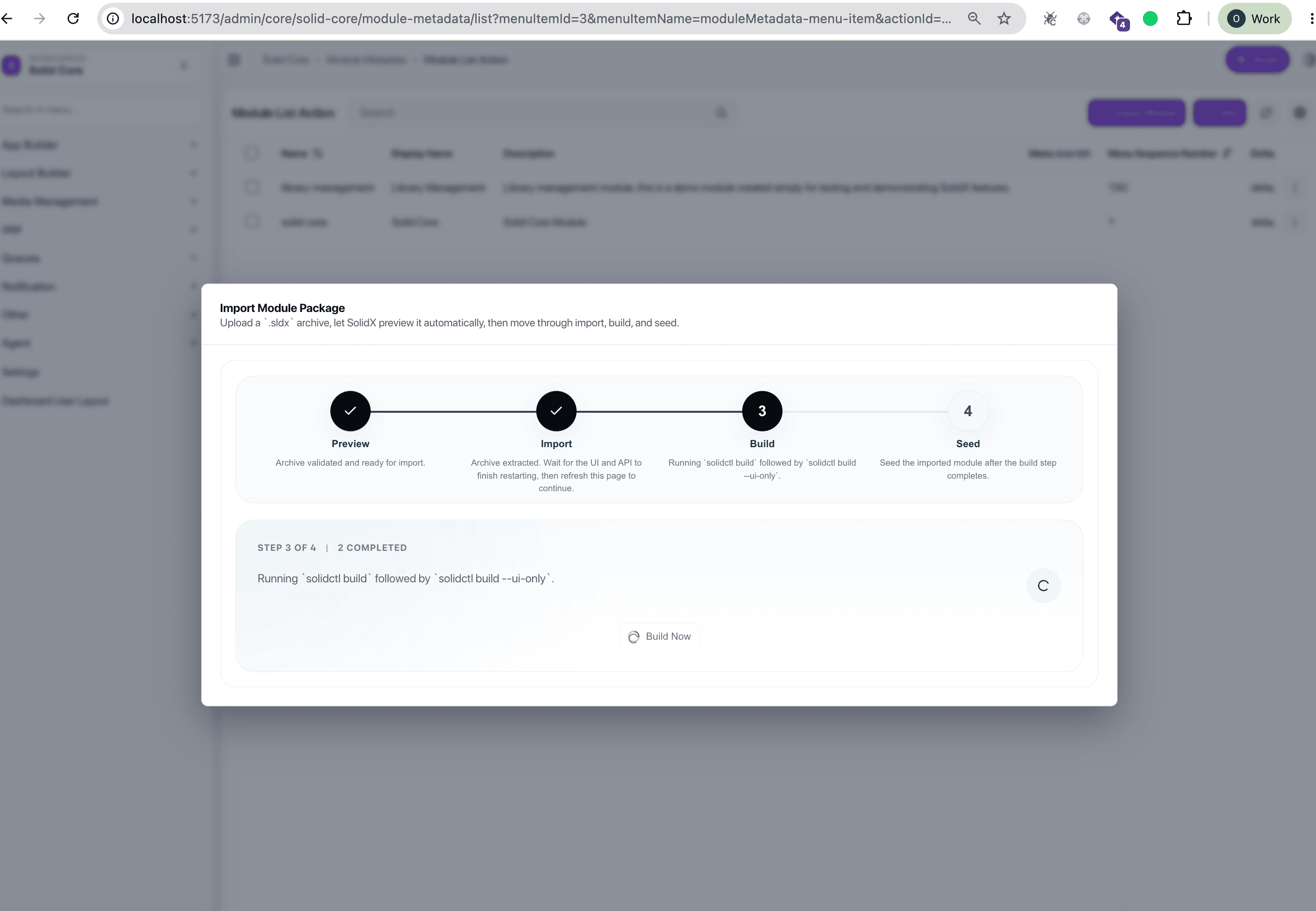 Step 3: Build ready - showing the Build Now button after services restart